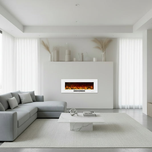 50 Inch Electric Fireplace, Recessed & Wall Mounted Fireplace Heater with Remote Control and 750/1500W Thermostat, Multicolor Flame Combinations, Logs & Crystal, White
