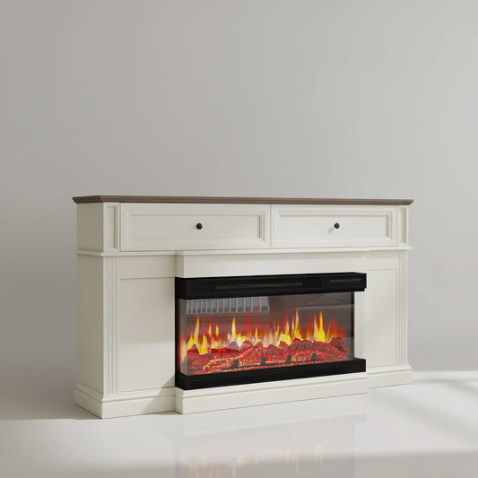 63 In. Freestanding Engineered Wood Electric Fireplace TV Stand in White