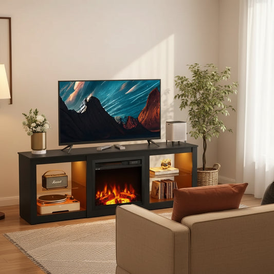 58 Inch TV Stand with LED Lights and Electric Fireplace