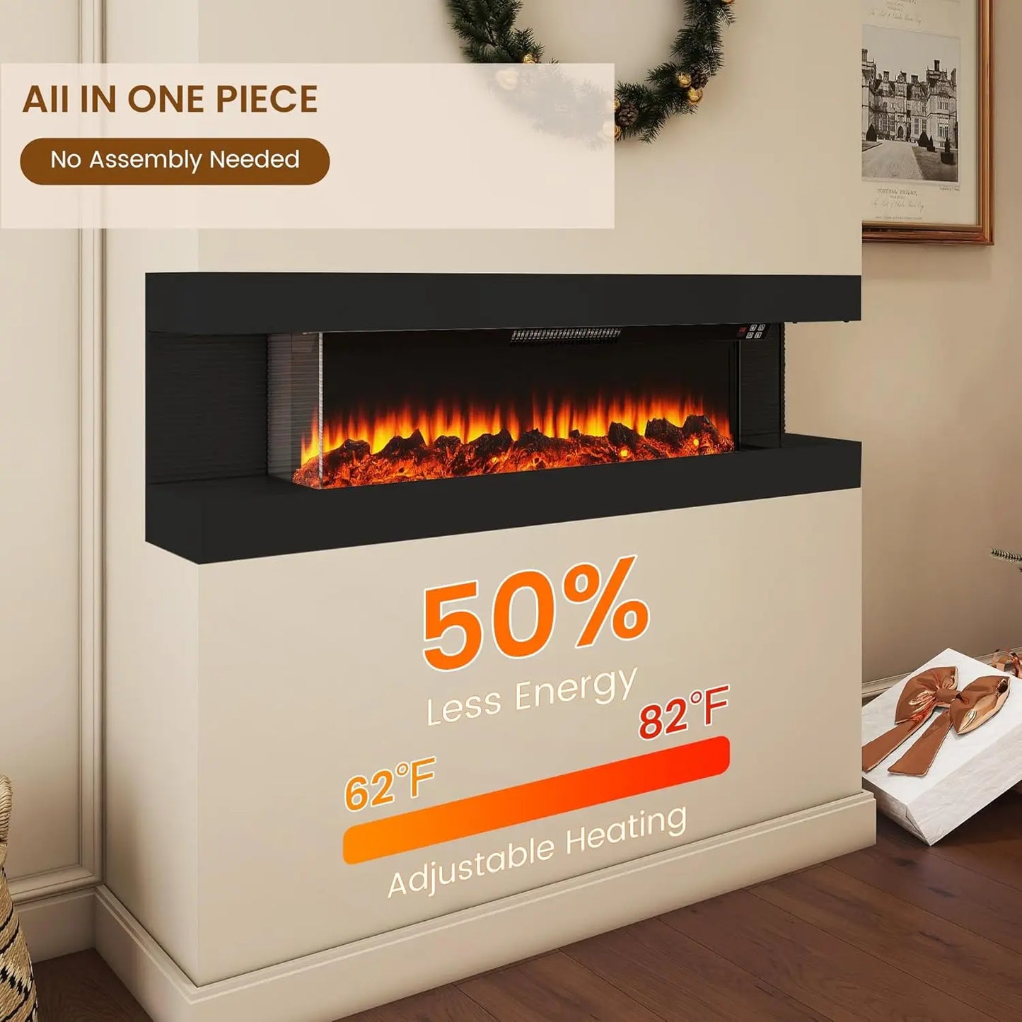 60-inch 3-Sided Wall Mount Electric Fireplace with LED Lights