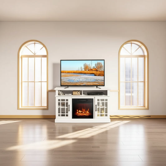 50-Inch TV Electric Fireplace Stand with Side Cabinets and Remote