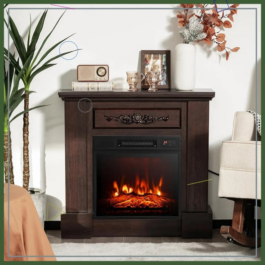 32-Inch Electric Fireplace Mantel 1400W Heater 3D Flame Brown