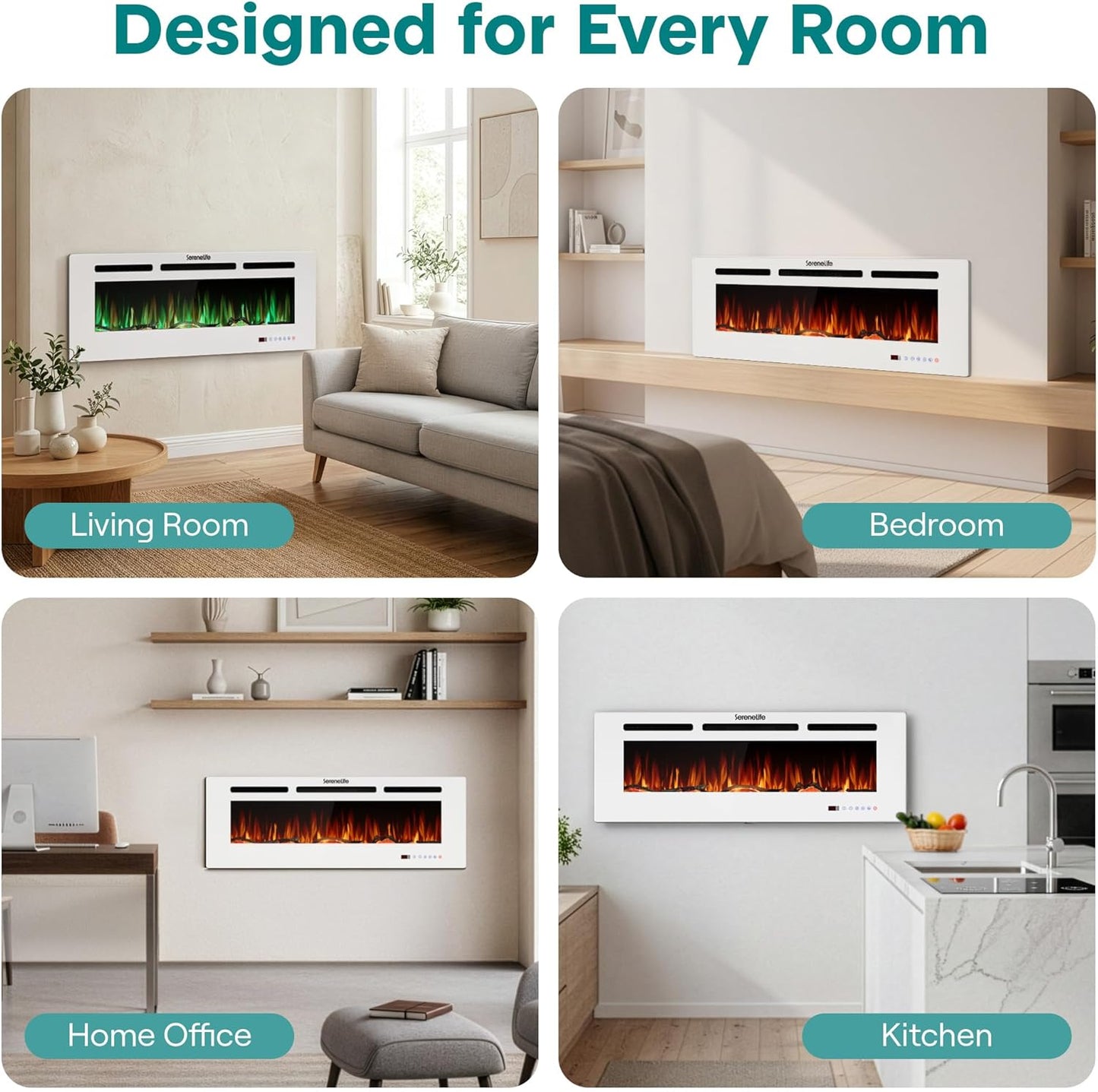 Serenelife 50 Inch Electric Fireplace Heater with LED Flame, Smart Wi-Fi, Remote, Thermostat, 13 Color Modes, Recessed or Wall Mounted Fire Place, Quiet Operation, Overheat Protection, White Frame