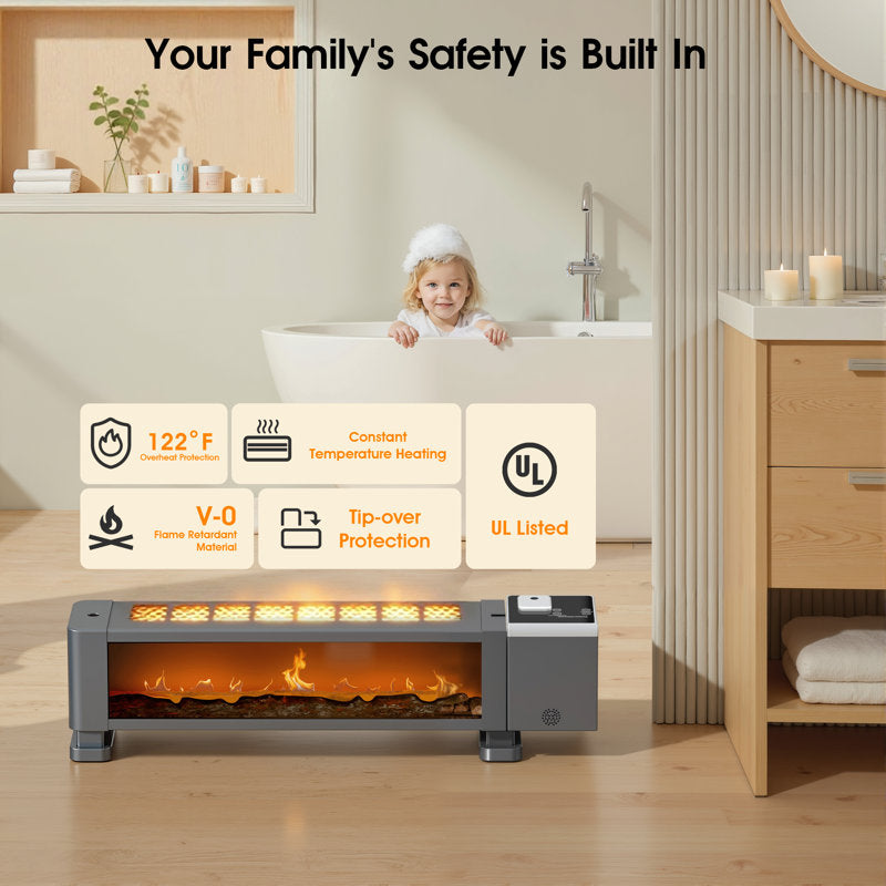 Advwin Electric Baseboard Space Heater 1800w - Realistic 3d Flame Remote Timer Thermostat