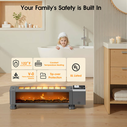 Advwin Electric Baseboard Space Heater 1800w - Realistic 3d Flame Remote Timer Thermostat