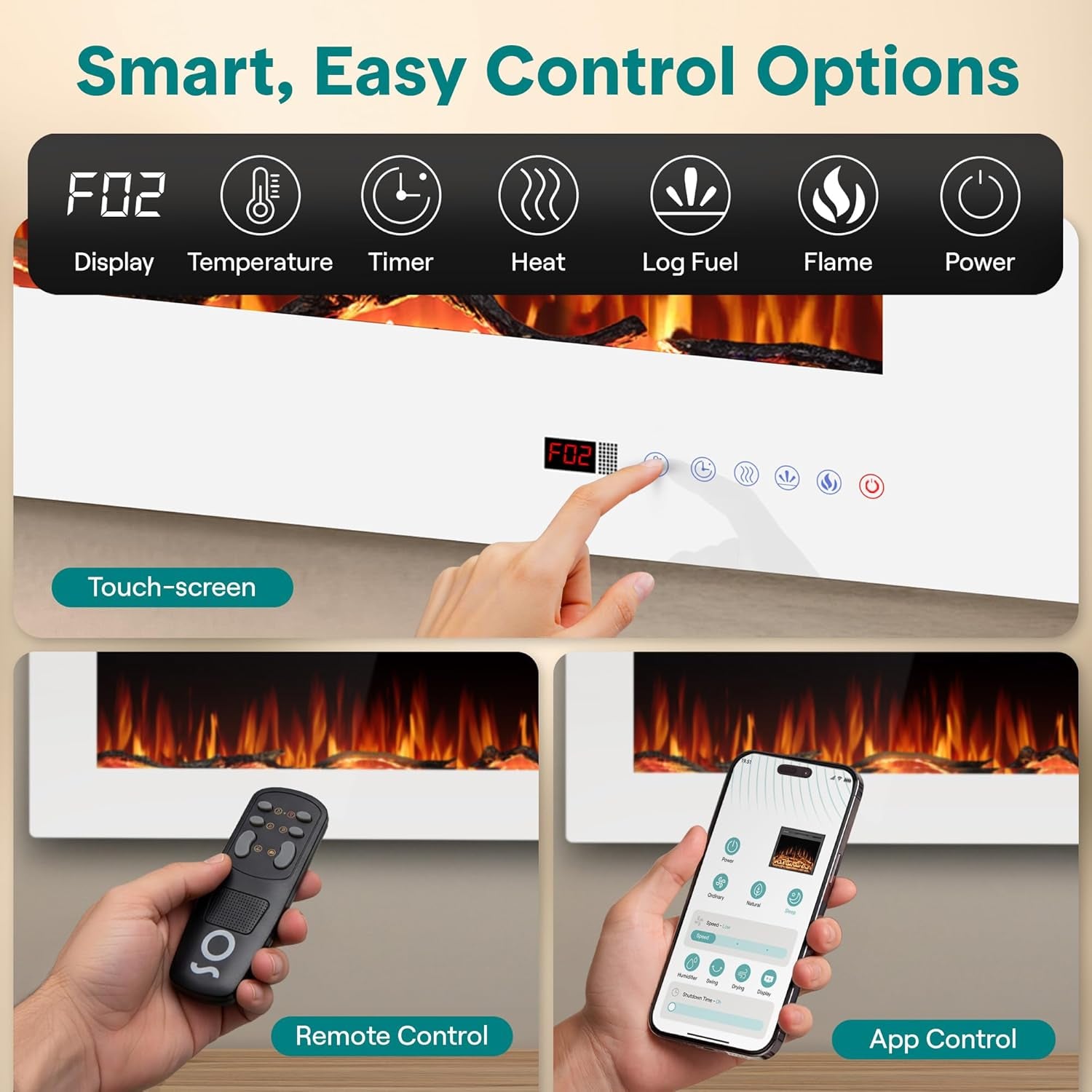 Serenelife 50 Inch Electric Fireplace Heater with LED Flame, Smart Wi-Fi, Remote, Thermostat, 13 Color Modes, Recessed or Wall Mounted Fire Place, Quiet Operation, Overheat Protection, White Frame