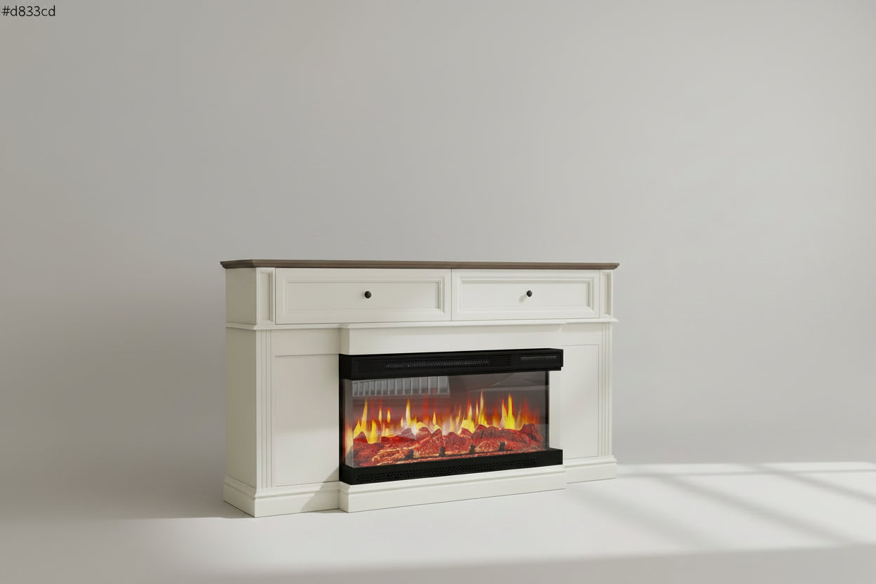 63 Inch Electric Fireplace Mantel - White - Freestanding Engineered Wood