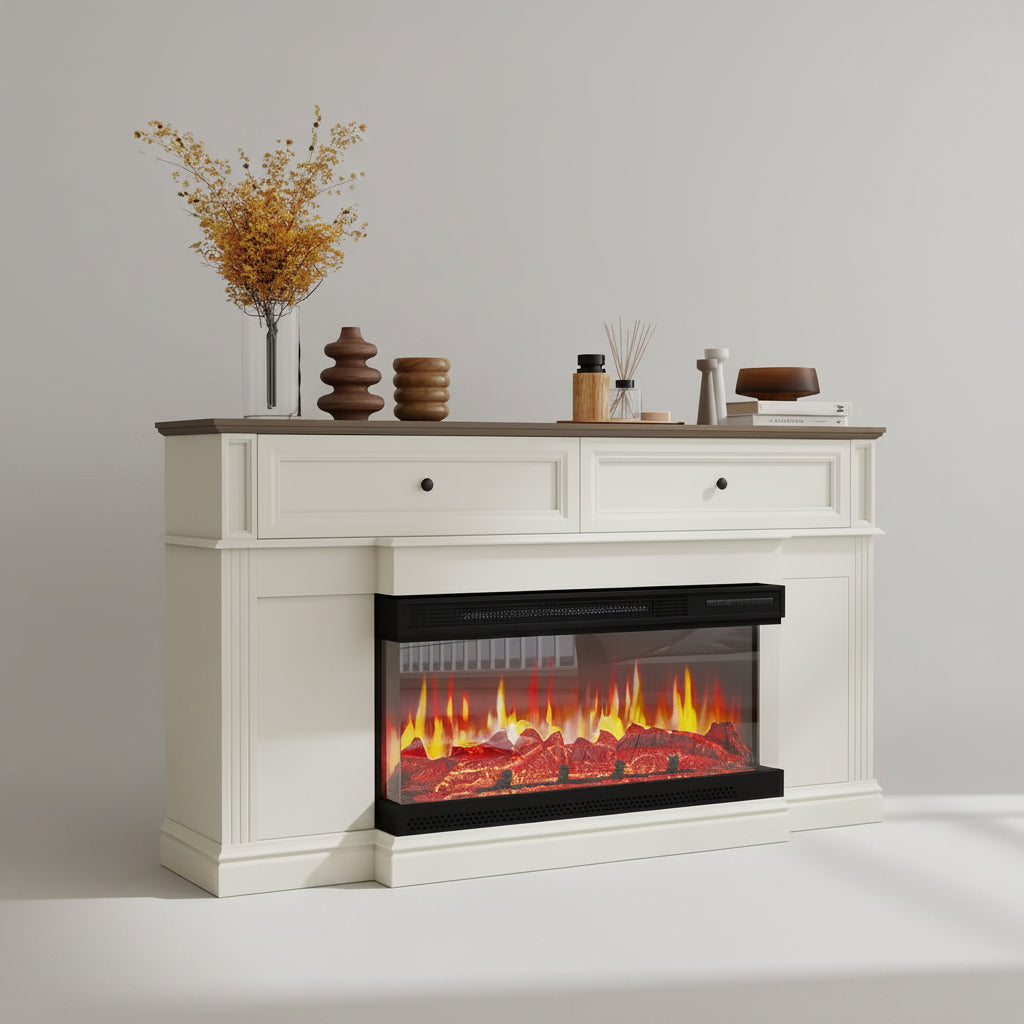63 Inch Electric Fireplace Mantel - White - Freestanding Engineered Wood