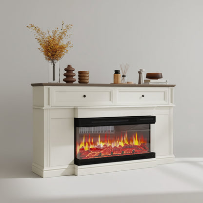 63 Inch Electric Fireplace Mantel - White - Freestanding Engineered Wood