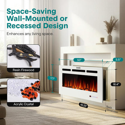 Serenelife 50 Inch Electric Fireplace Heater with LED Flame, Smart Wi-Fi, Remote, Thermostat, 13 Color Modes, Recessed or Wall Mounted Fire Place, Quiet Operation, Overheat Protection, White Frame