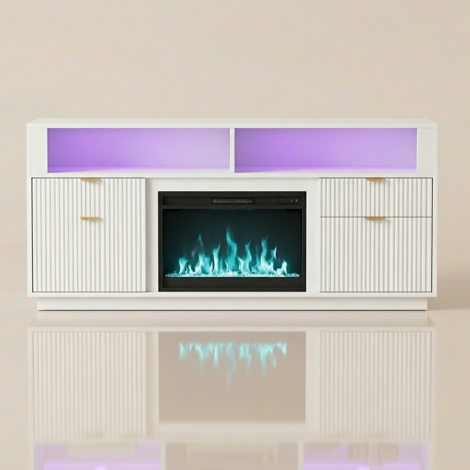 70 Inch - Electric Fireplace TV Stand - with LED Lights White