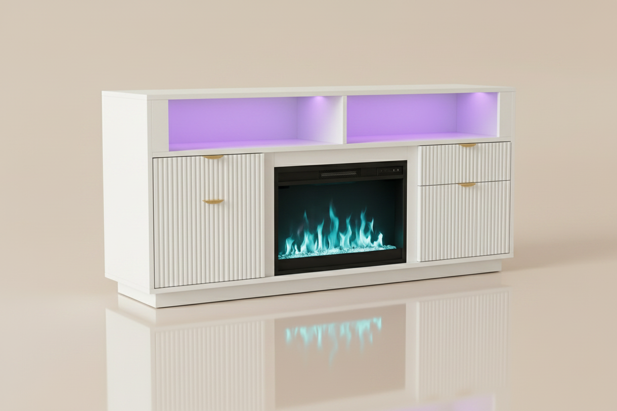 70 Inch - Electric Fireplace TV Stand - with LED Lights White