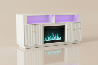 70 Inch - Electric Fireplace TV Stand - with LED Lights White