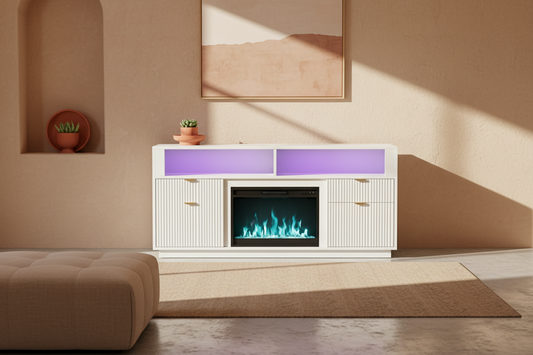 70 Inch - Electric Fireplace TV Stand - with LED Lights White