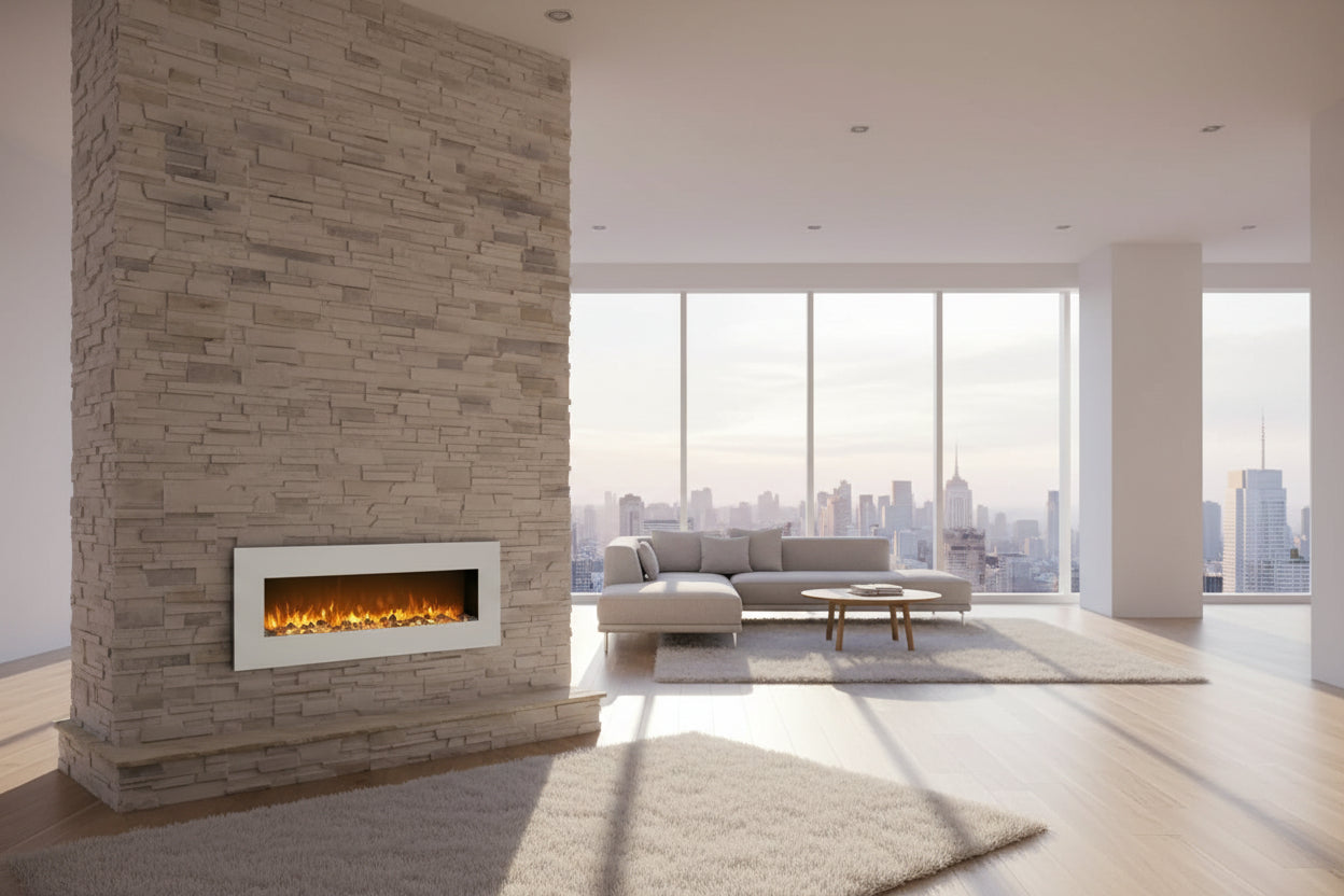 Electric Fireplace - 50 Inch Wall Mounted Fireplace with 10-Color LED Flames, 3 Backgrounds, Adjustable Brightness, and Remote (White)
