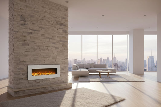 Electric Fireplace - 50 Inch Wall Mounted Fireplace with 10-Color LED Flames, 3 Backgrounds, Adjustable Brightness, and Remote (White)