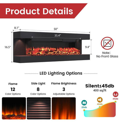 50 In. 3-Sided Wall-Mounted Metal Electric Fireplace with Mantel, LED Flame, Side Ambient Lights, Remote, Timer in Black