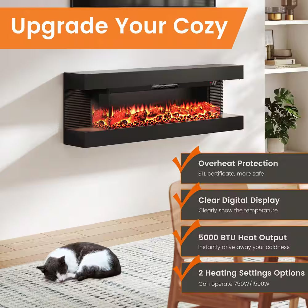50 In. 3-Sided Wall-Mounted Metal Electric Fireplace with Mantel, LED Flame, Side Ambient Lights, Remote, Timer in Black