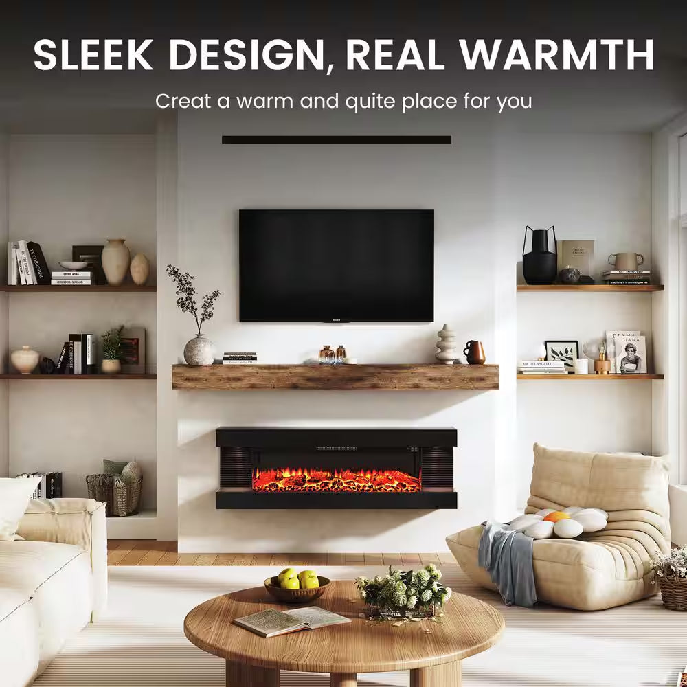 50 In. 3-Sided Wall-Mounted Metal Electric Fireplace with Mantel, LED Flame, Side Ambient Lights, Remote, Timer in Black