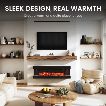 50 In. 3-Sided Wall-Mounted Metal Electric Fireplace with Mantel, LED Flame, Side Ambient Lights, Remote, Timer in Black