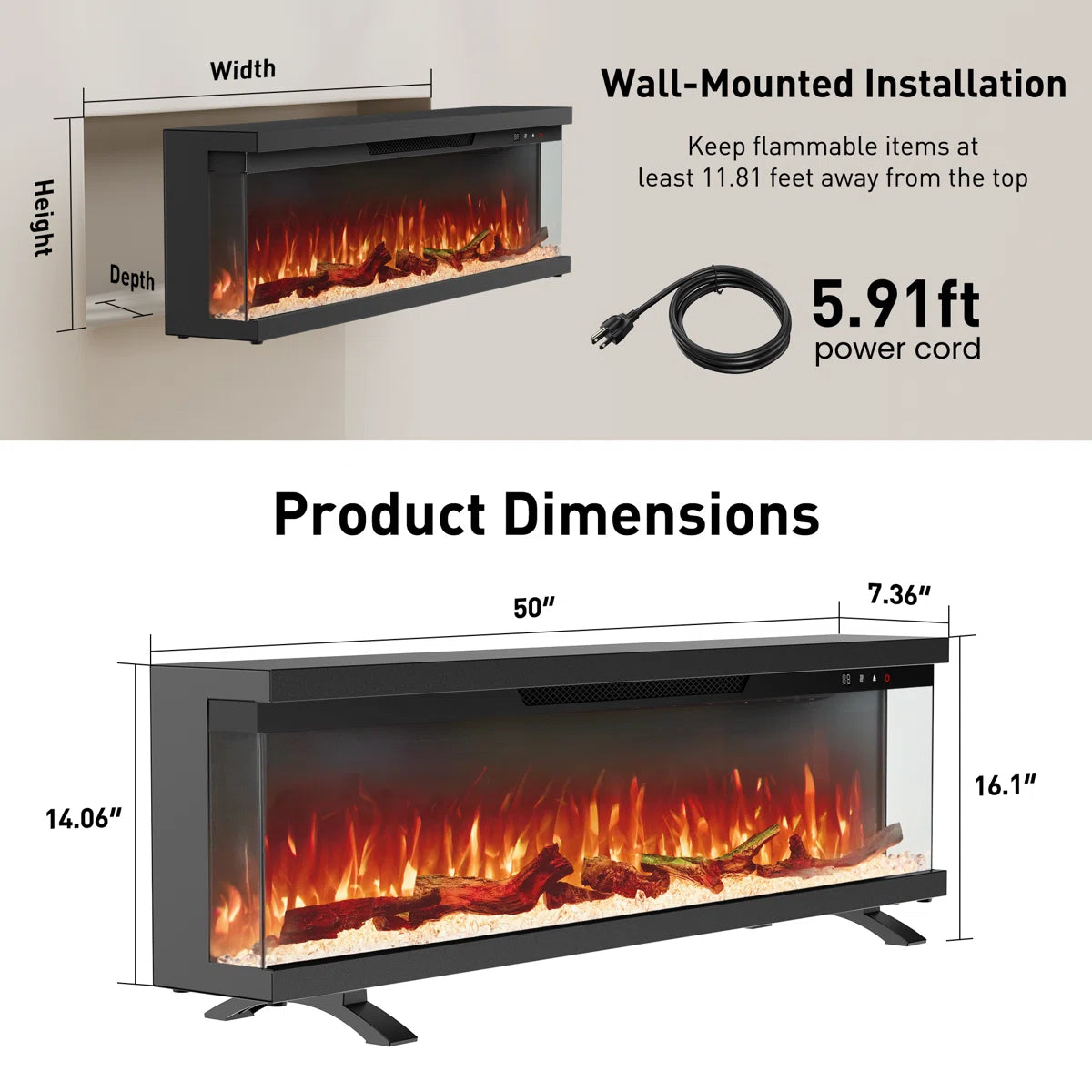 Symple 50 Inch 3 Sided Smart Electric Fireplace - Alexa App - 15 Colors Realistic Flame Sound & Heat - Remote Control