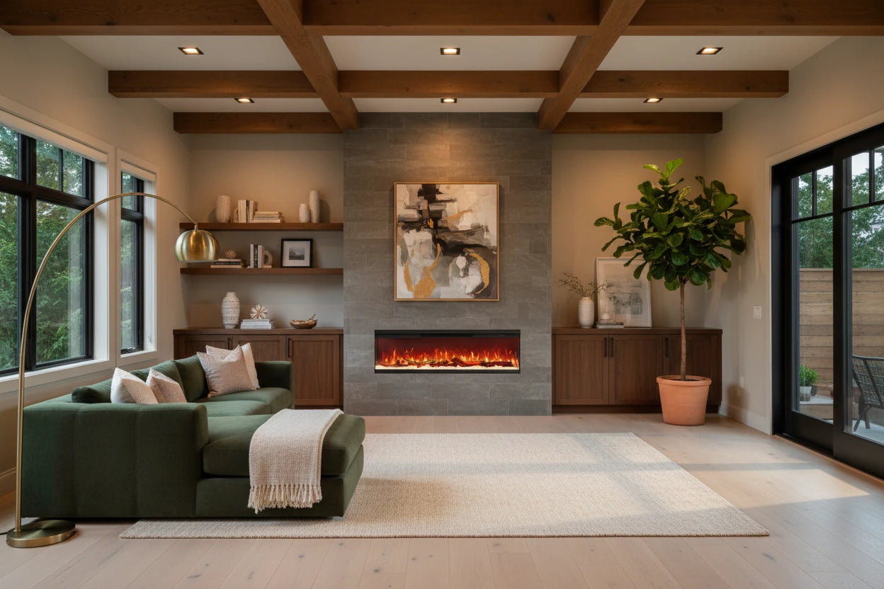 Symple 50 Inch 3 Sided Smart Electric Fireplace - Alexa App - 15 Colors Realistic Flame Sound & Heat - Remote Control