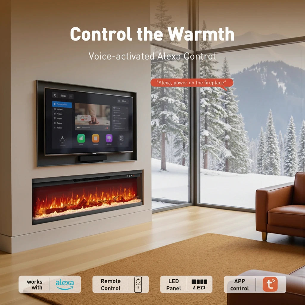 Symple 50 Inch 3 Sided Smart Electric Fireplace - Alexa App - 15 Colors Realistic Flame Sound & Heat - Remote Control