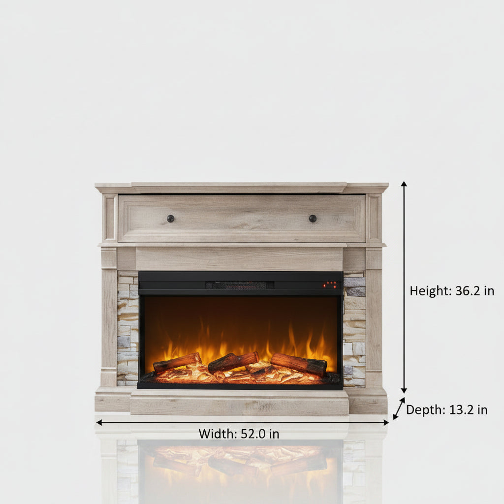52 Inch Electric Fireplace Mantel - with 3 Sided Glass