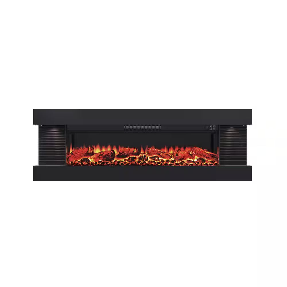 50 In. 3-Sided Wall-Mounted Metal Electric Fireplace with Mantel, LED Flame, Side Ambient Lights, Remote, Timer in Black