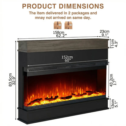Porter Panoramic 60 Inch Electric Fireplace with Mantel - Extra-Wide Firebox - 9 Color Flame - No Heat Mode & 1500W