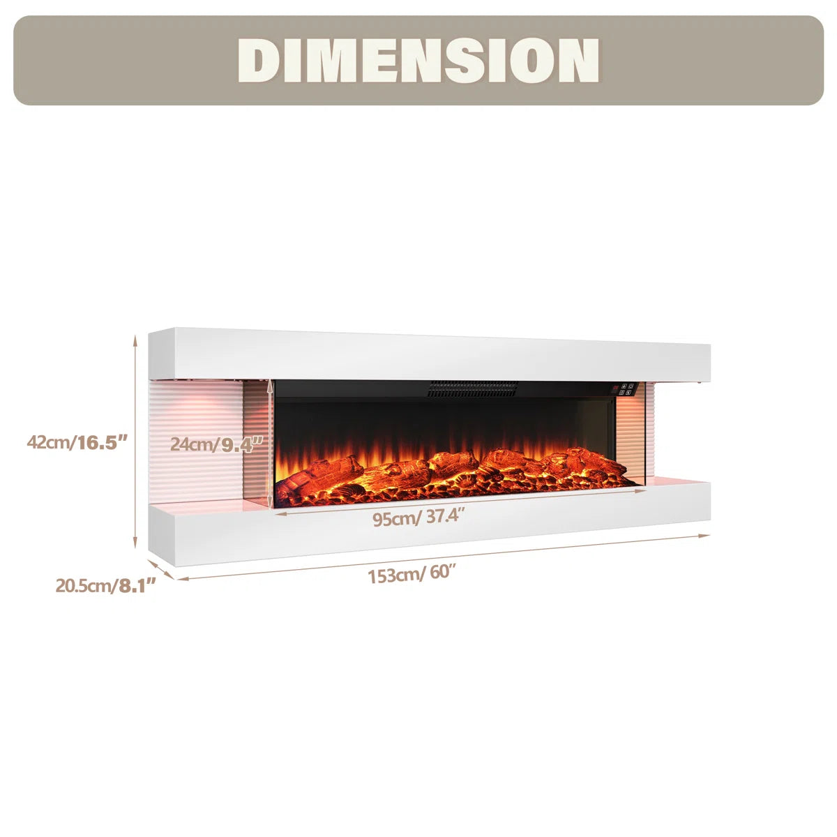 GenFlame 60 Inch Wall Mount 3-Sided Electric Fireplace -Floating Mantel - LED Heater White