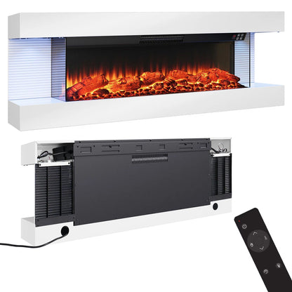 GenFlame 60 Inch Wall Mount 3-Sided Electric Fireplace -Floating Mantel - LED Heater White