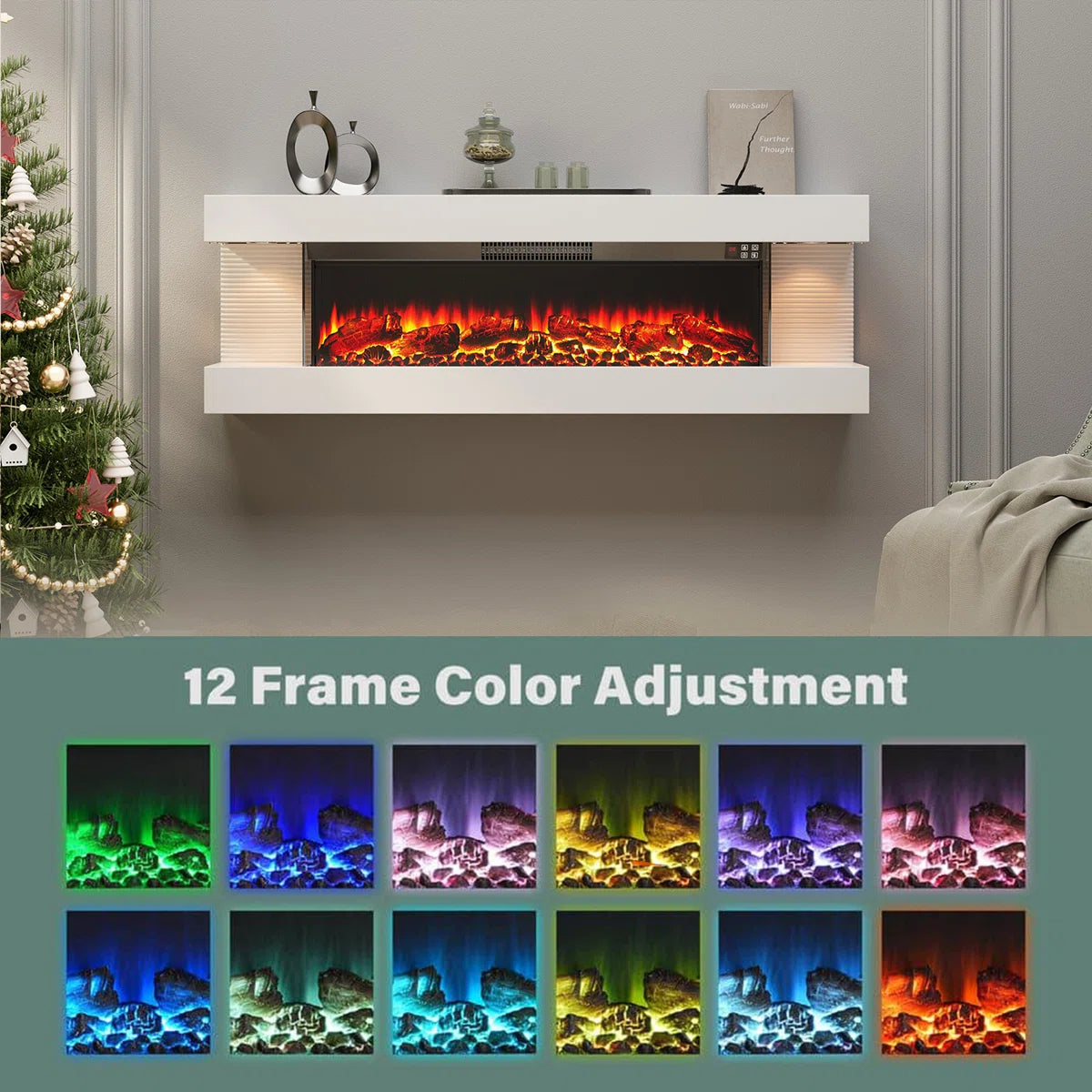 GenFlame 60 Inch Wall Mount 3-Sided Electric Fireplace -Floating Mantel - LED Heater White