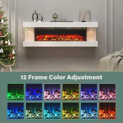 GenFlame 60 Inch Wall Mount 3-Sided Electric Fireplace -Floating Mantel - LED Heater White