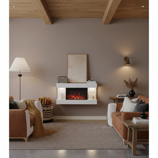 GenFlame 60 Inch Wall Mount 3-Sided Electric Fireplace -Floating Mantel - LED Heater White