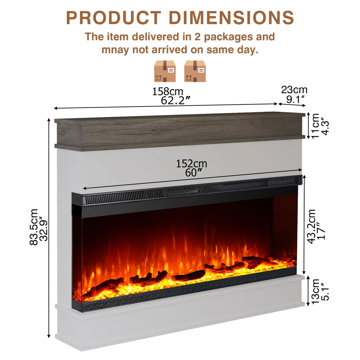 Porter Panoramic 60 Inch Electric Fireplace with Mantel - Extra-Wide Firebox - 9 Color Flame - No Heat Mode & 1500W