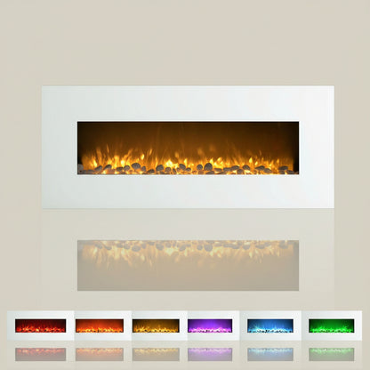 Electric Fireplace - 50 Inch Wall Mounted Fireplace with 10-Color LED Flames, 3 Backgrounds, Adjustable Brightness, and Remote (White)