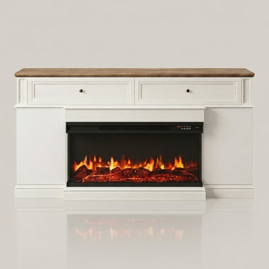 GenFlame 63 Inch Fireplace Mantel 3 Sided Modern Media Console - Antique White