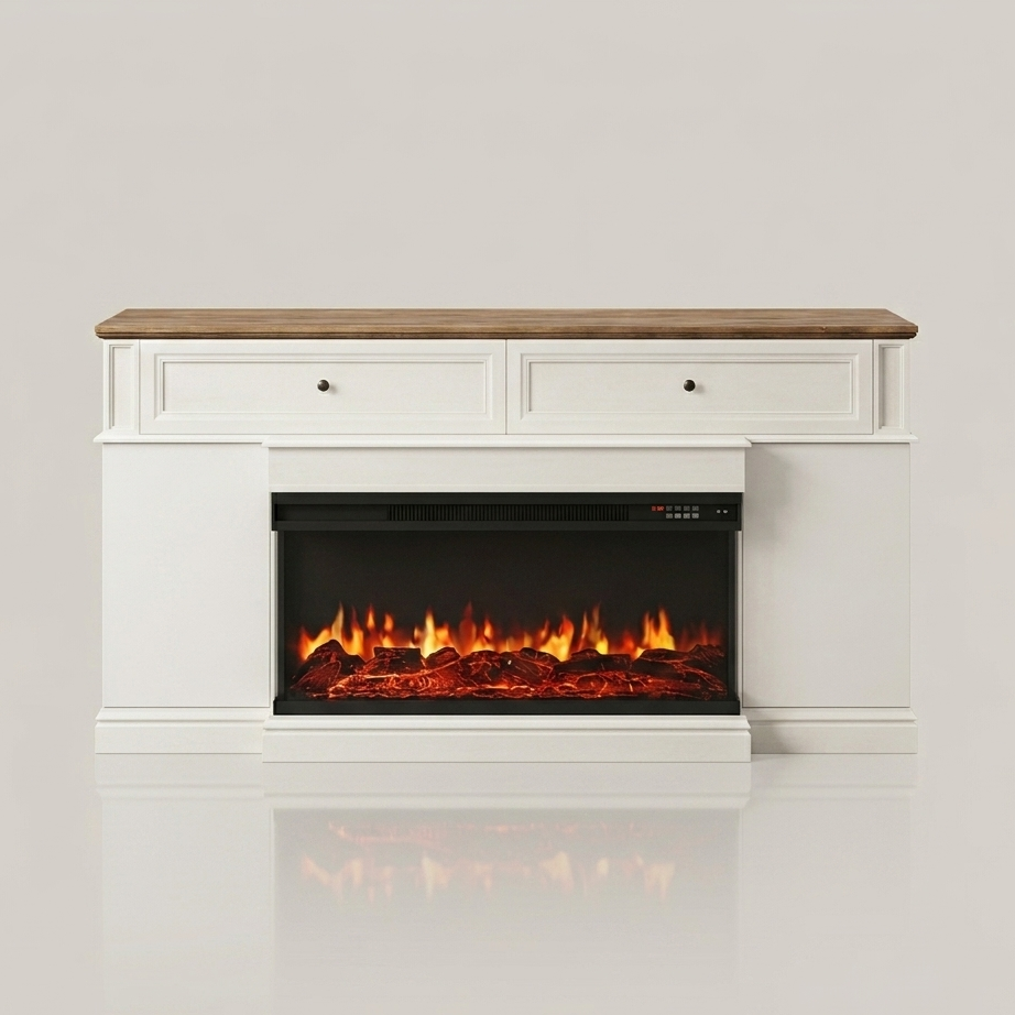63 Inch Fireplace TV Stand Modern Media Console - Antique White - EZ Ember