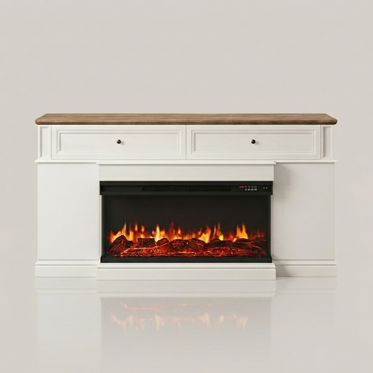 63 Inch Fireplace TV Stand Modern Media Console - Antique White - EZ Ember