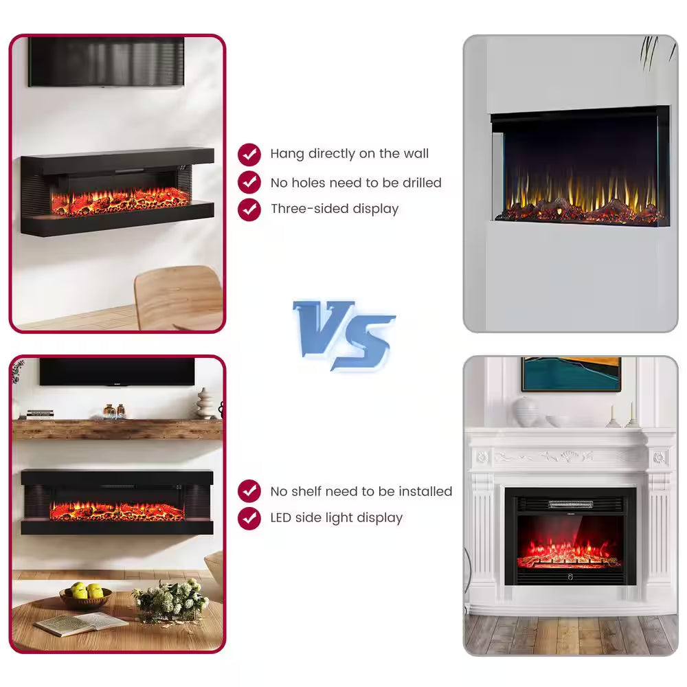 50 In. 3-Sided Wall-Mounted Metal Electric Fireplace with Mantel, LED Flame, Side Ambient Lights, Remote, Timer in Black