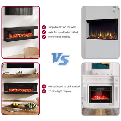 50 In. 3-Sided Wall-Mounted Metal Electric Fireplace with Mantel, LED Flame, Side Ambient Lights, Remote, Timer in Black
