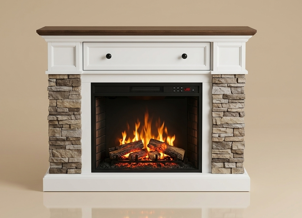 65 Inch - Electric Fireplace TV Stand -  with Antique White - EZ Ember
