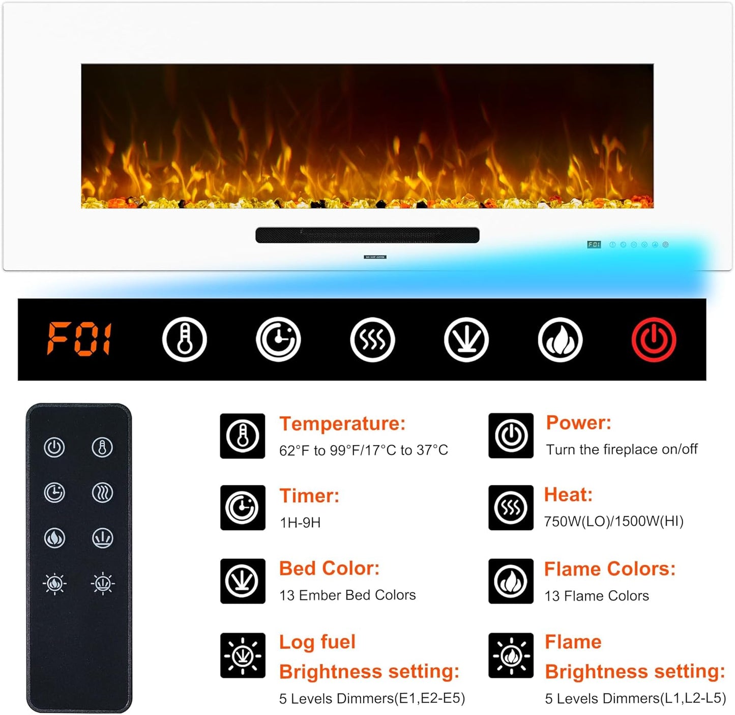 50 Inch Electric Fireplace, Recessed & Wall Mounted Fireplace Heater with Remote Control and 750/1500W Thermostat, Multicolor Flame Combinations, Logs & Crystal, White