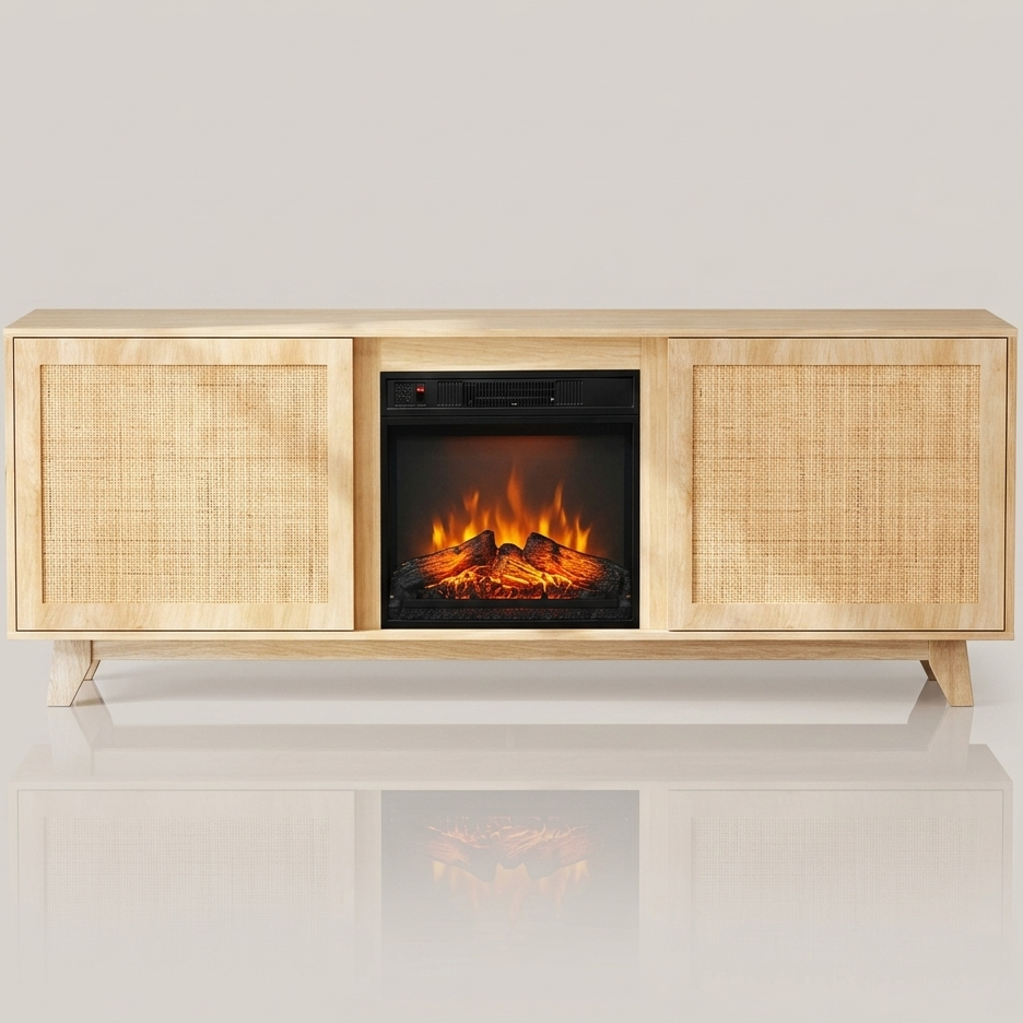 70 Inch Fireplace TV Stand - Rattan Entertainment Center - Wood - EZ Ember
