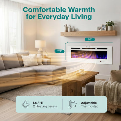 Serenelife 50 Inch Electric Fireplace Heater with LED Flame, Smart Wi-Fi, Remote, Thermostat, 13 Color Modes, Recessed or Wall Mounted Fire Place, Quiet Operation, Overheat Protection, White Frame