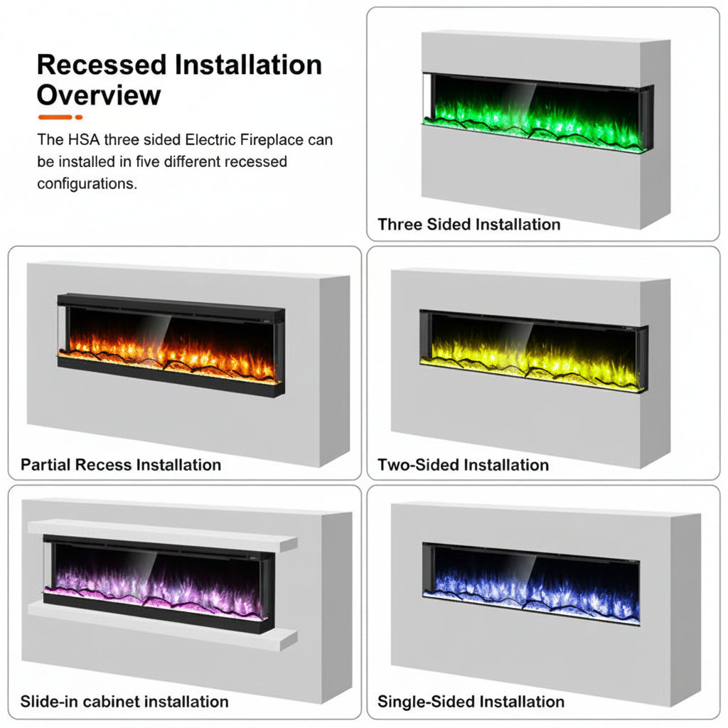Studio 80 Inch 3-Sided Electric Fireplace Insert - 8-Color Realistic Flames - Remote 750W/1500W Heater - Safe ETL Certified