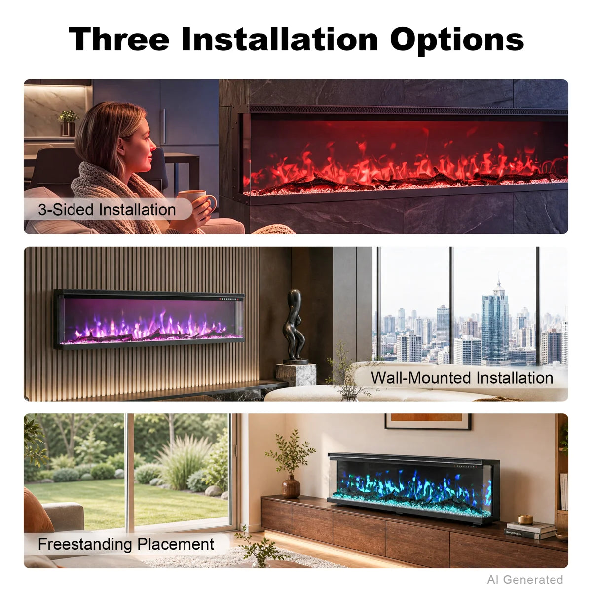 Studio™ 80 Inch 3 Sided Glass Electric Fireplace with WiFi and Multicolor Flame