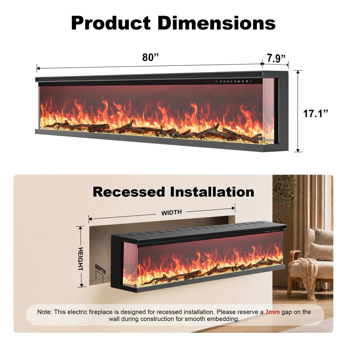 Studio™ 80 Inch 3 Sided Glass Electric Fireplace with WiFi and Multicolor Flame