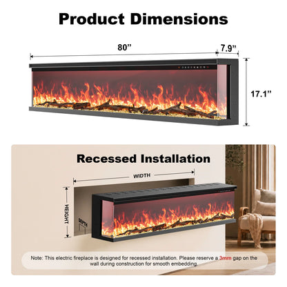 Studio™ 80 Inch 3 Sided Glass Electric Fireplace with WiFi and Multicolor Flame